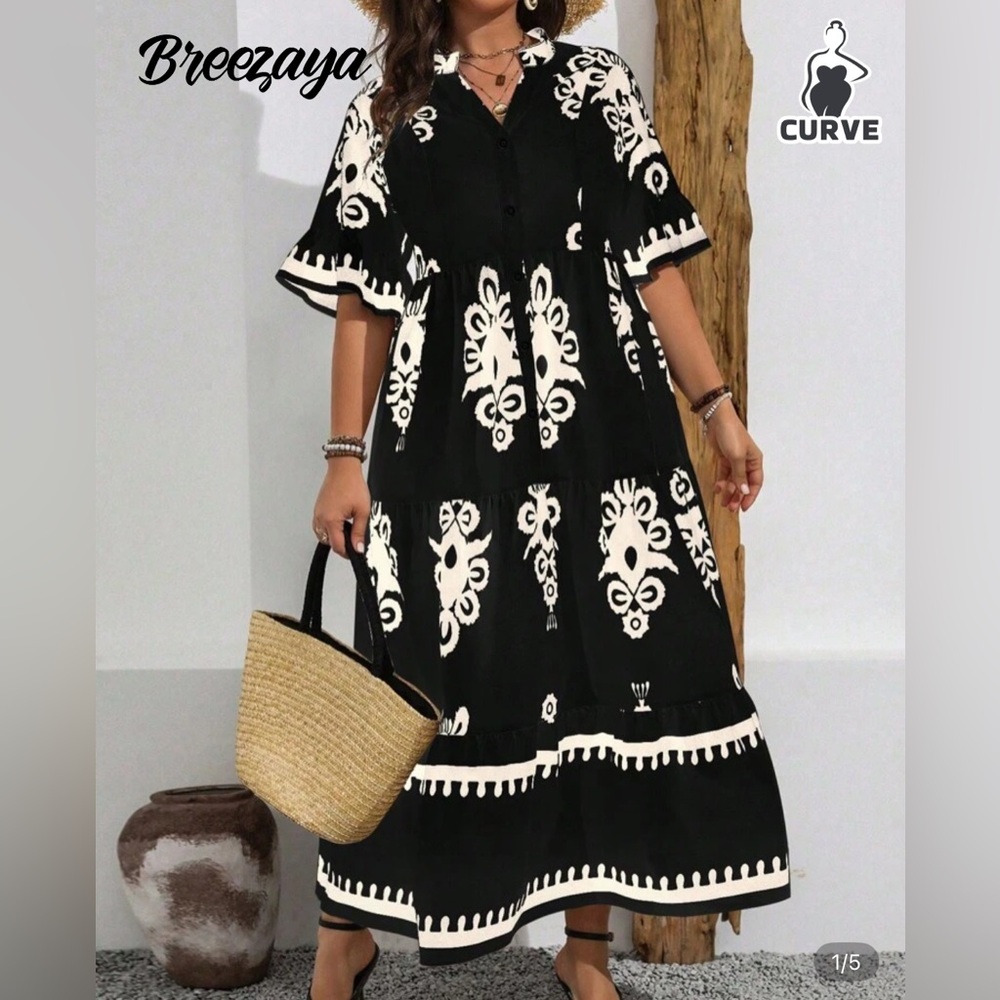 Trendy Maxi Sundress, Black/Ivory floral design with Flutter Sleeves